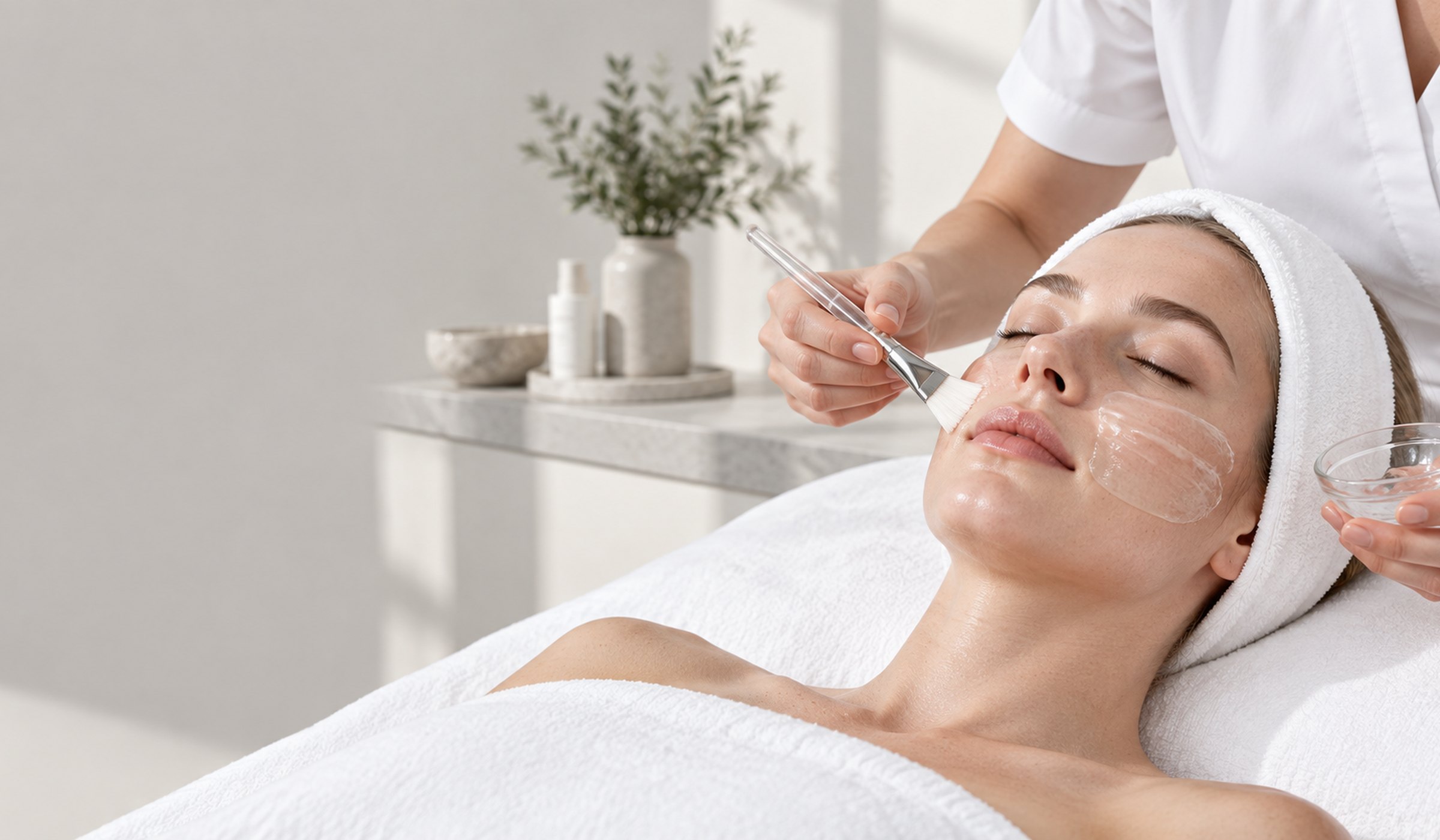 Facial mask treatment in a bright studio